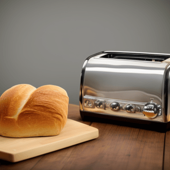 A slice of bread and a toaster